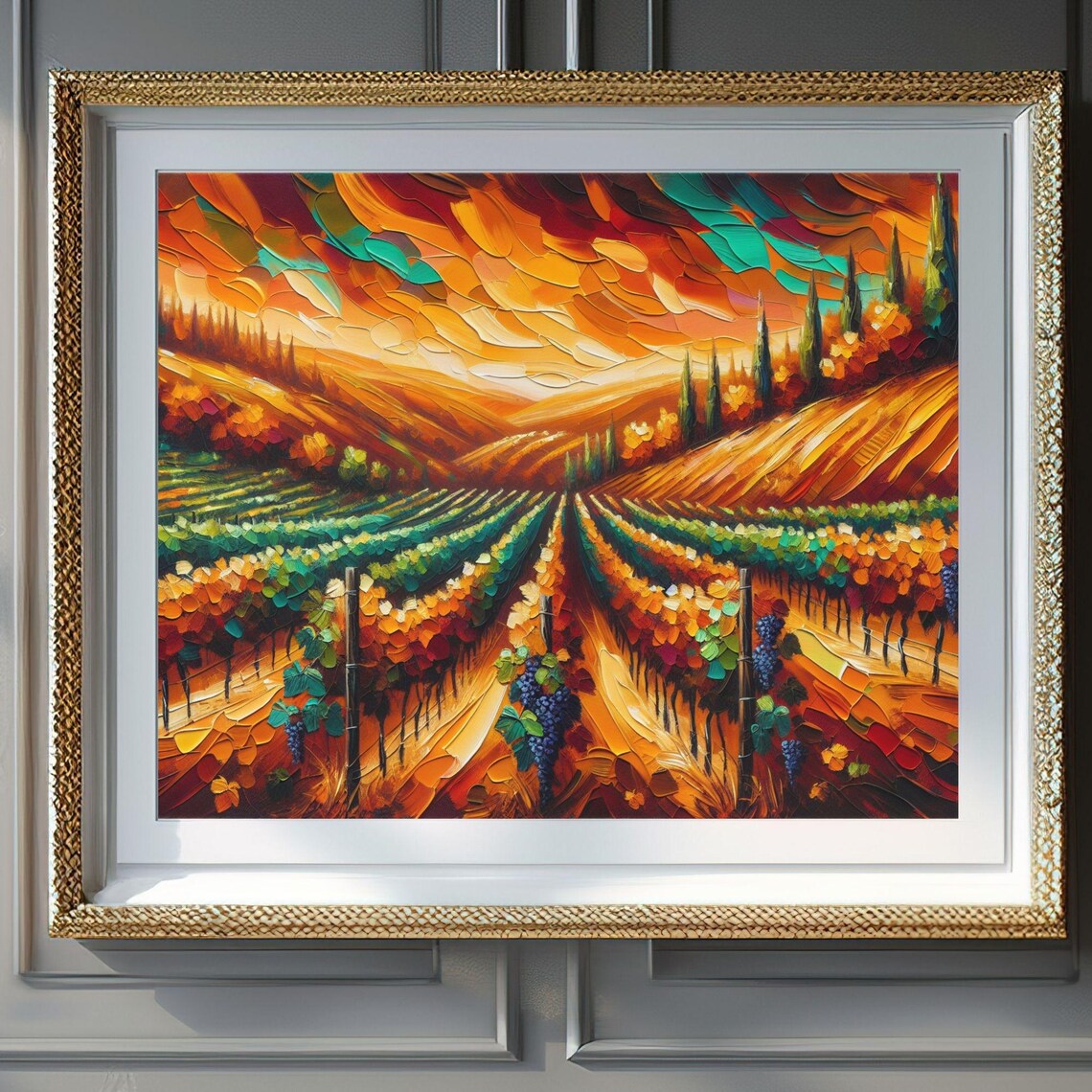 Hillside Vineyard In Autumn, Rustic Wine Country Art