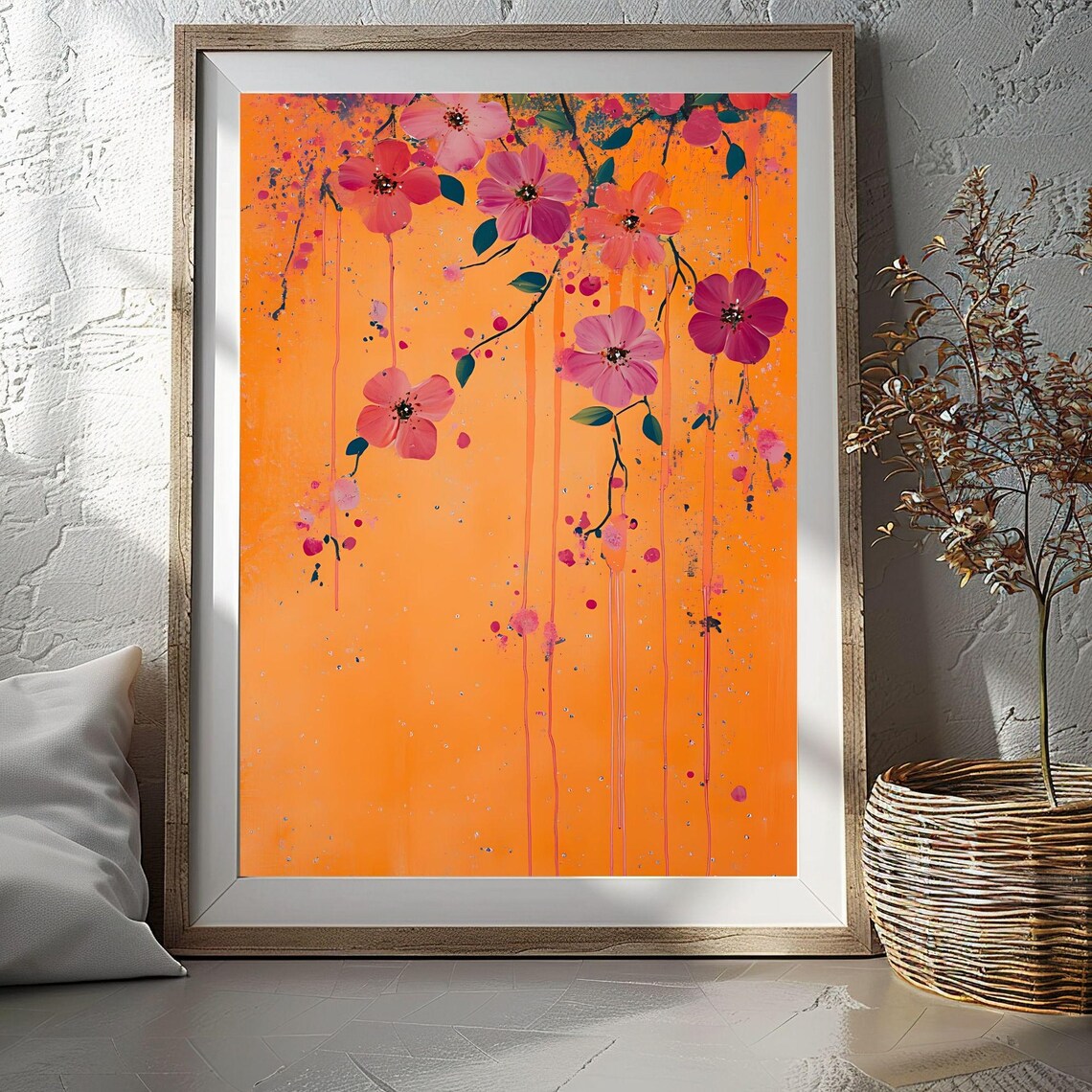 Pink Cherry Blossoms Orange Modern Abstract Drip Floral Poster