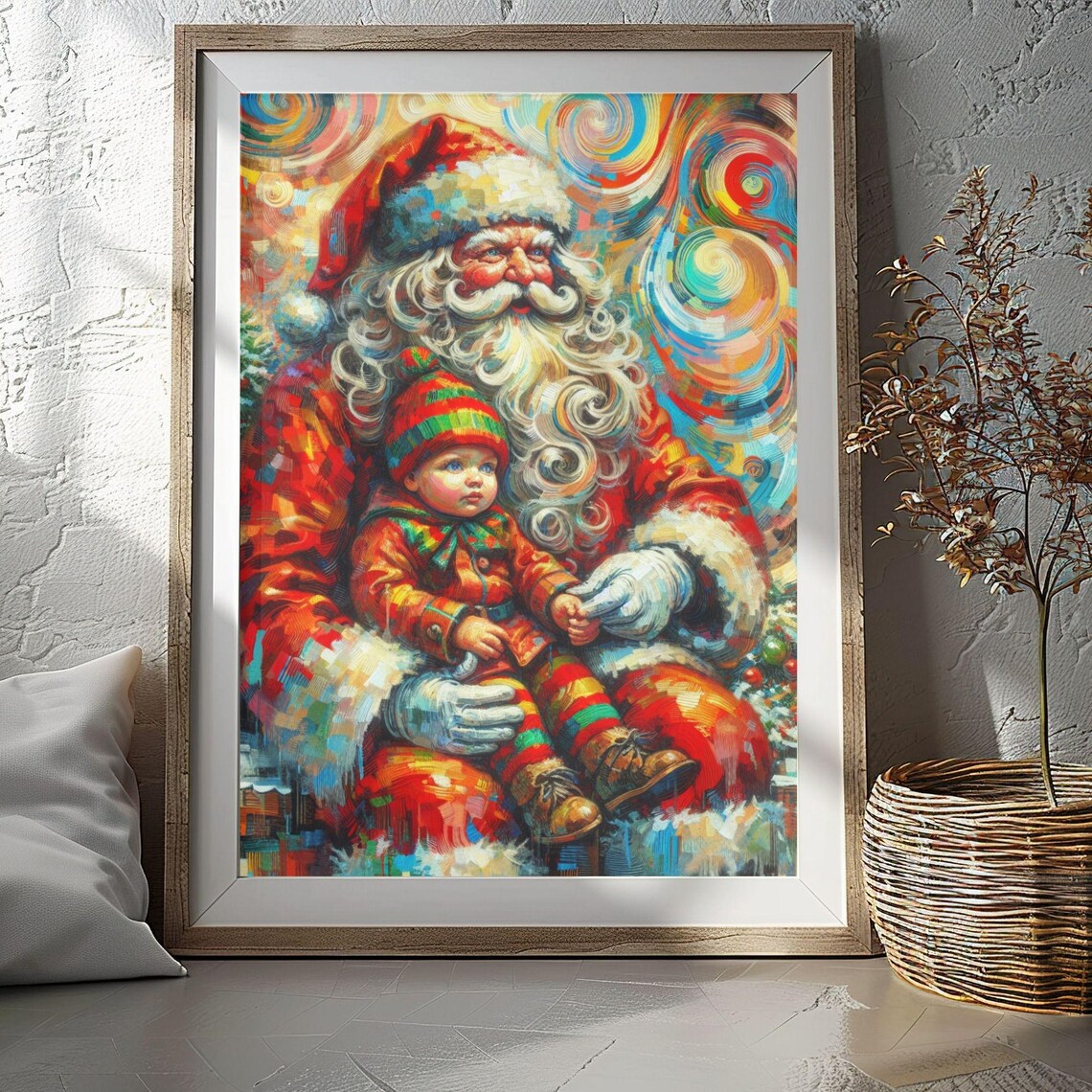 Santa Claus Holding Child Vibrant Swirl Christmas Painting Poster