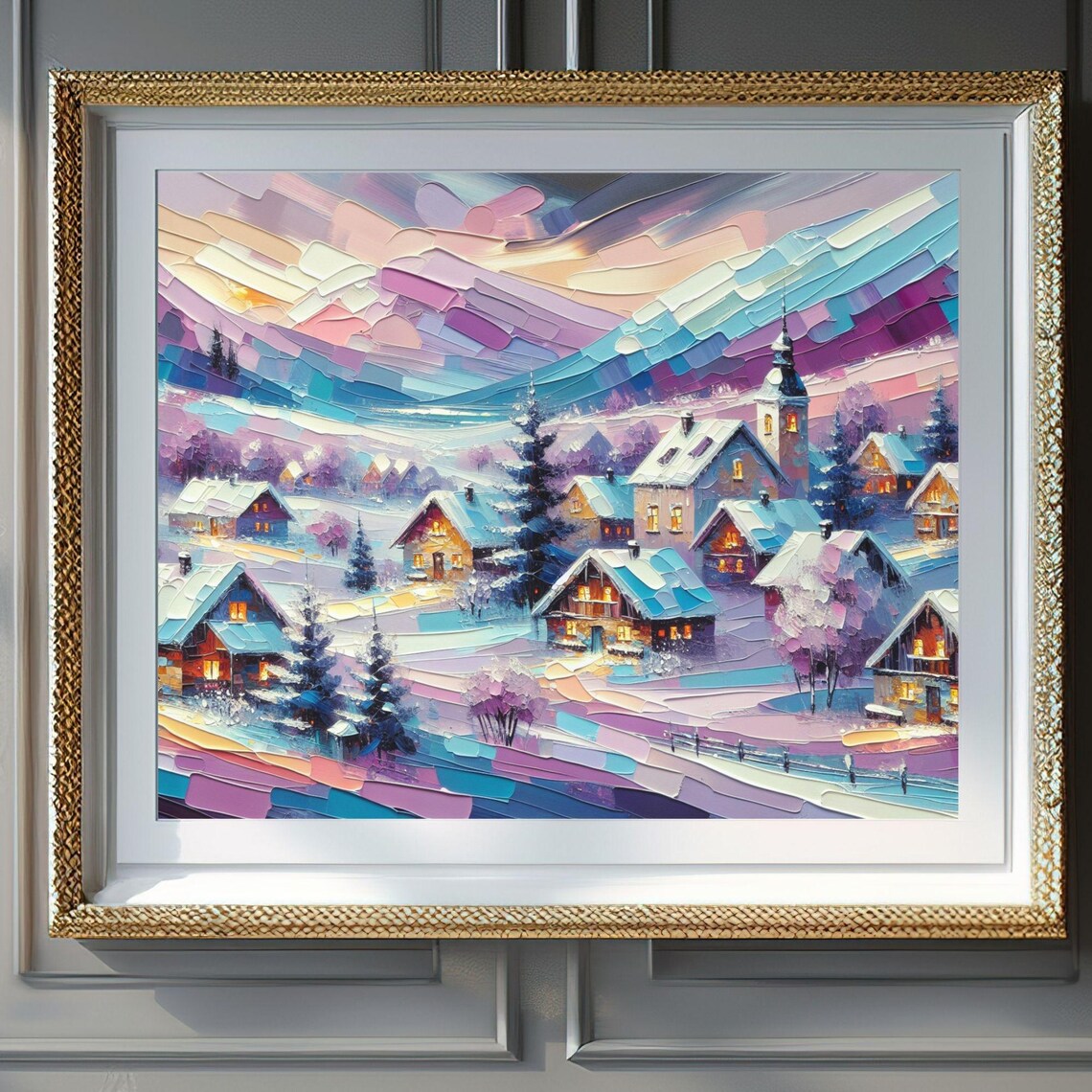 Peaceful Country Village Winter Church Glowing Windows Wall Art