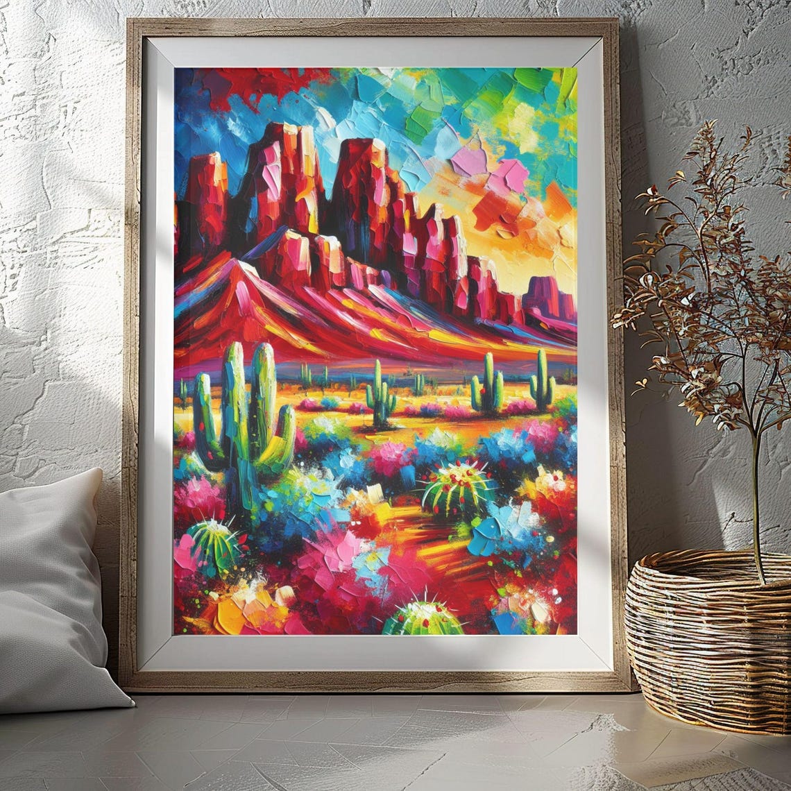 Vibrant Desert Cactus Landscape Colorful Acrylic Painting Wall Art