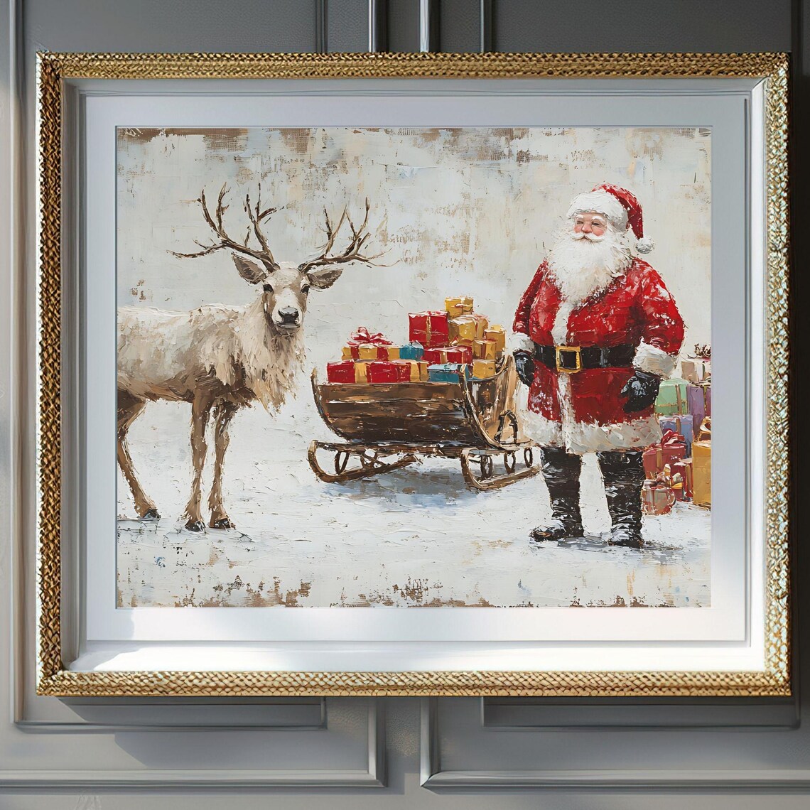 Vintage Santa Claus Reindeer Gift Sleigh Cream Rustic Oil Poster