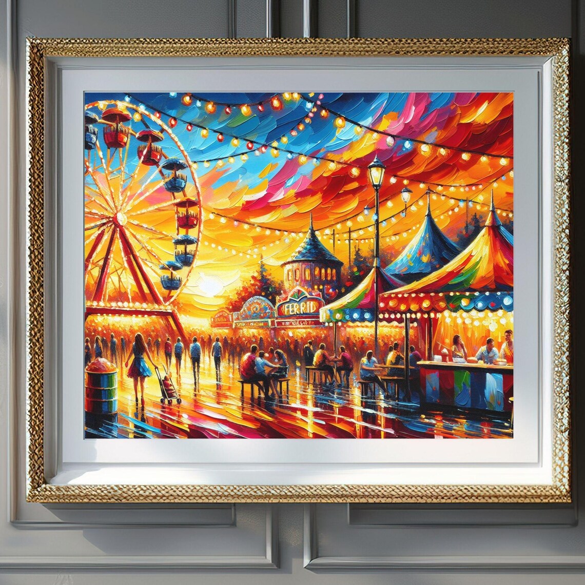 Sunset Carnival Ferris Wheel Lights Tents Festive Night Poster