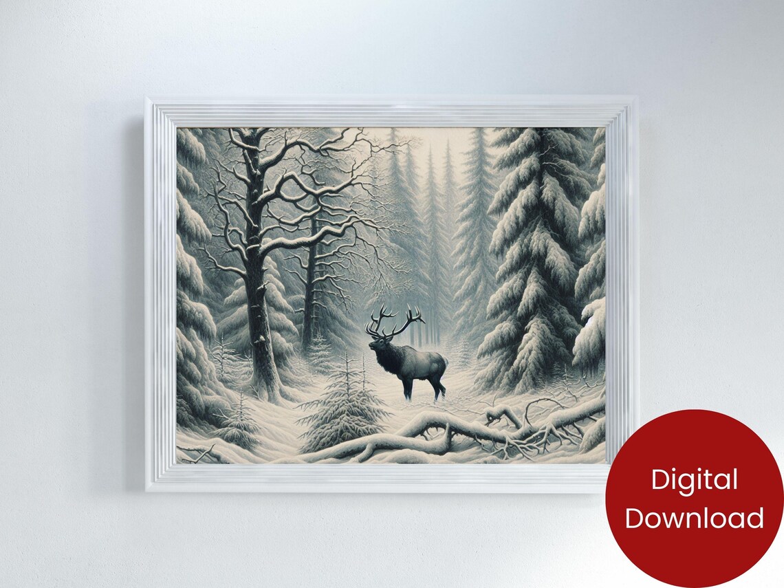 Majestic Elk Winter Snowy Forest Black White Wildlife Art Poster - Image 2