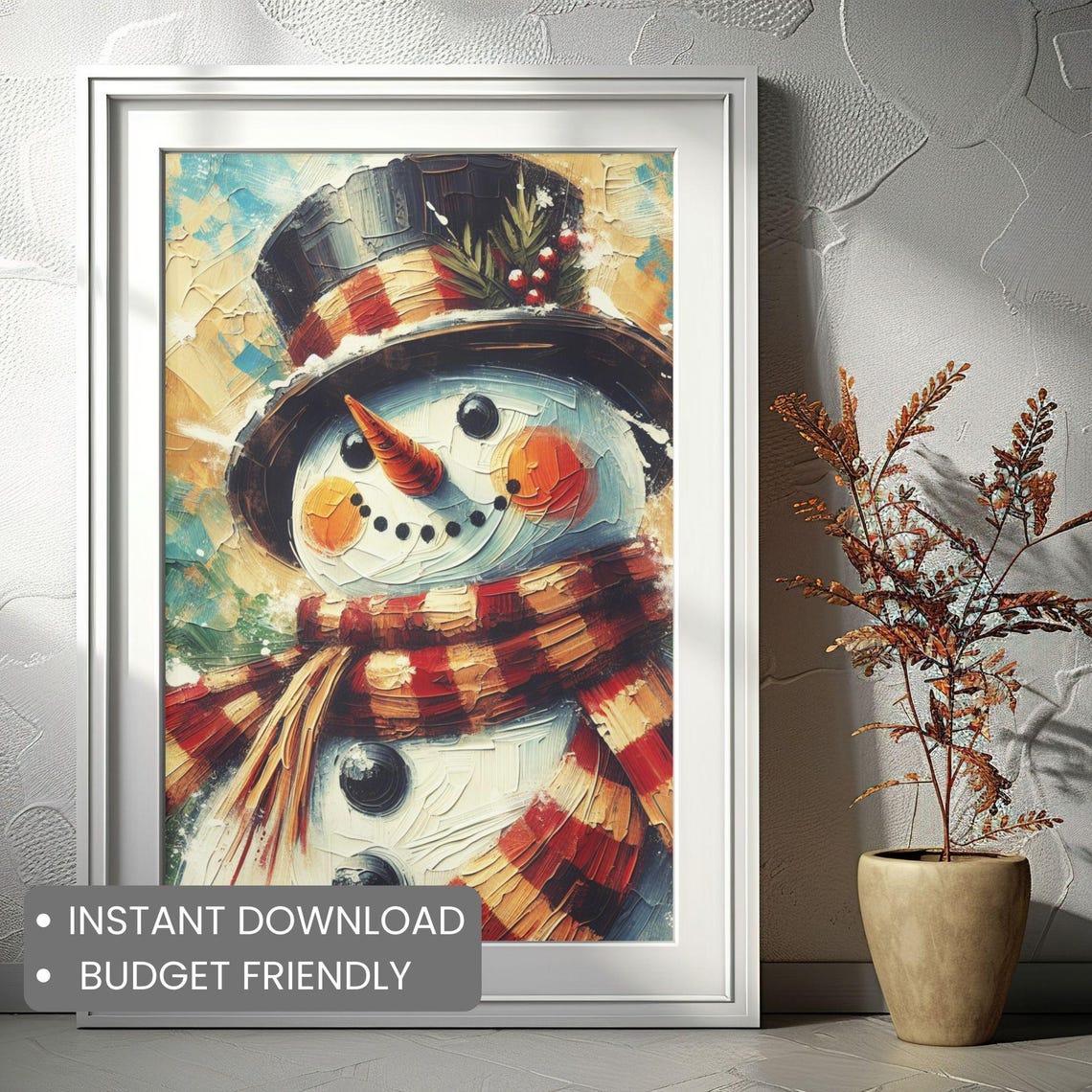 Smiling Snowman Top Hat Plaid Scarf Impasto Winter Christmas Poster - Image 2