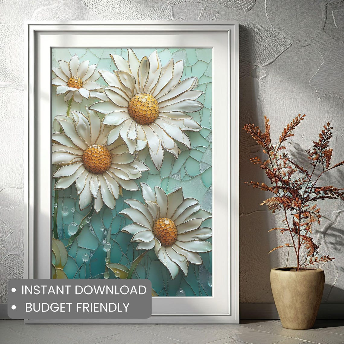 Stained Glass White Daisies Teal Cracked Glass Mosaic Poster - Image 2