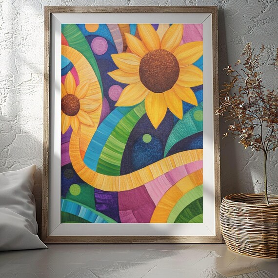 Abstract Rainbow Sunflower Swirl Modern Colorful Floral Poster