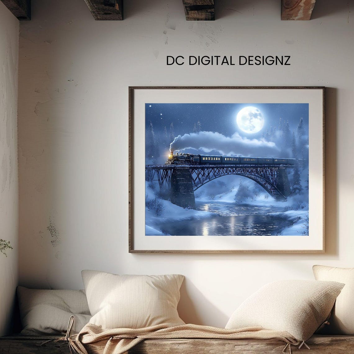 Steam Train Moonlit Bridge Snowy River Night Scene Art Poster