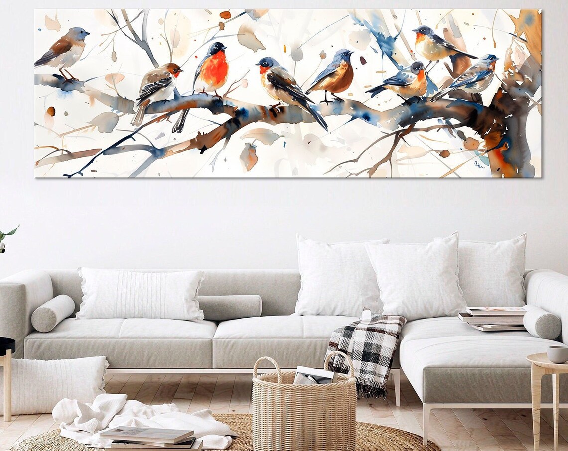 Bullfinches on Tree Watercolor Bird Print, Farmhouse
