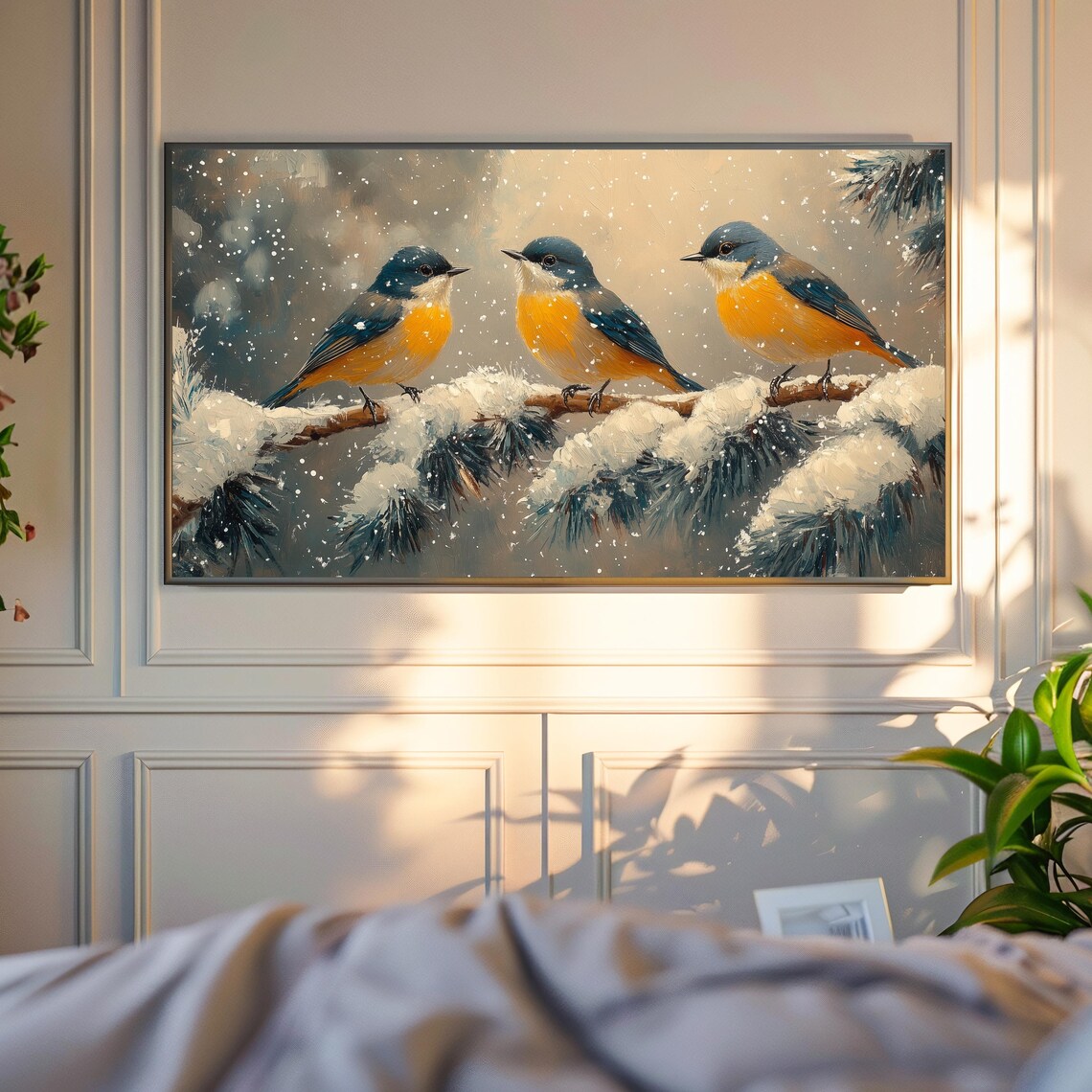Winter Goldcrests Trio Snowy Pine Branch Snowfall Yellow Breasts Birds Poster - Image 4