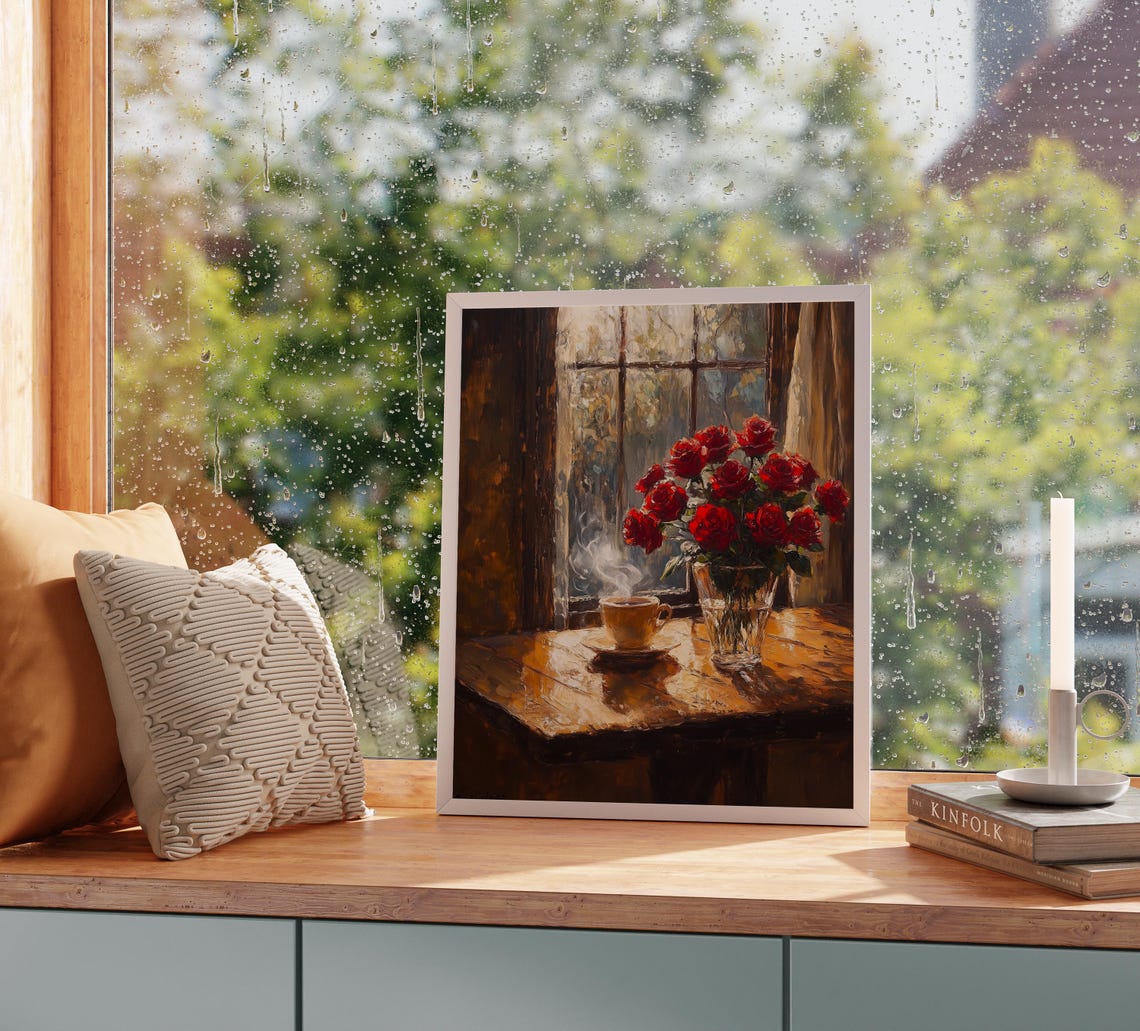 Red Roses Vase Steaming Coffee Sunlit Window Cozy Morning Art Poster - Image 5