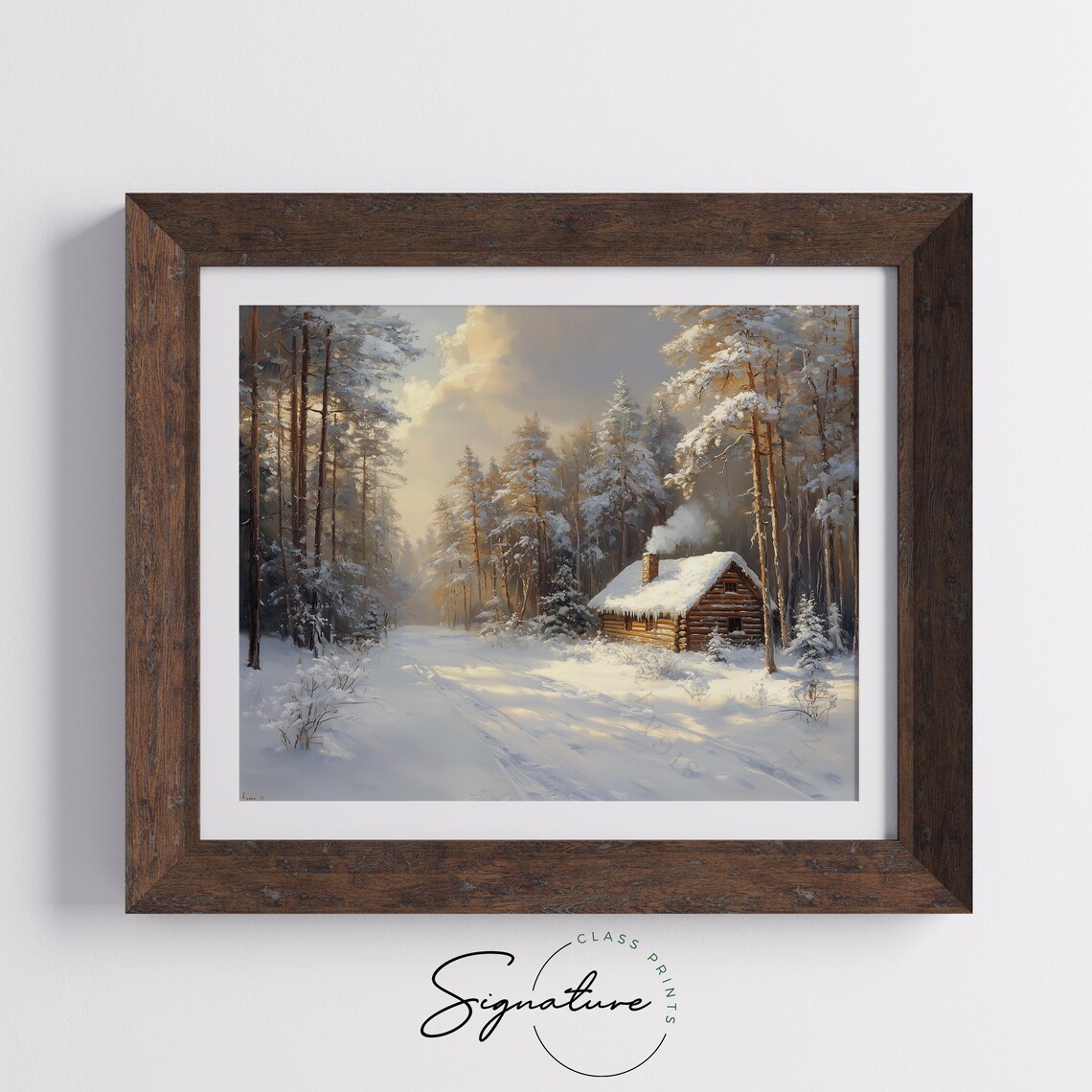 Snowy Log Cabin Deep Winter Forest Sunrise Oil Painting Poster