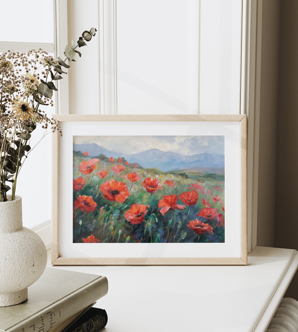 Red Poppy Field with Blue Mountains Impressionist Landscape Poster - Image 6