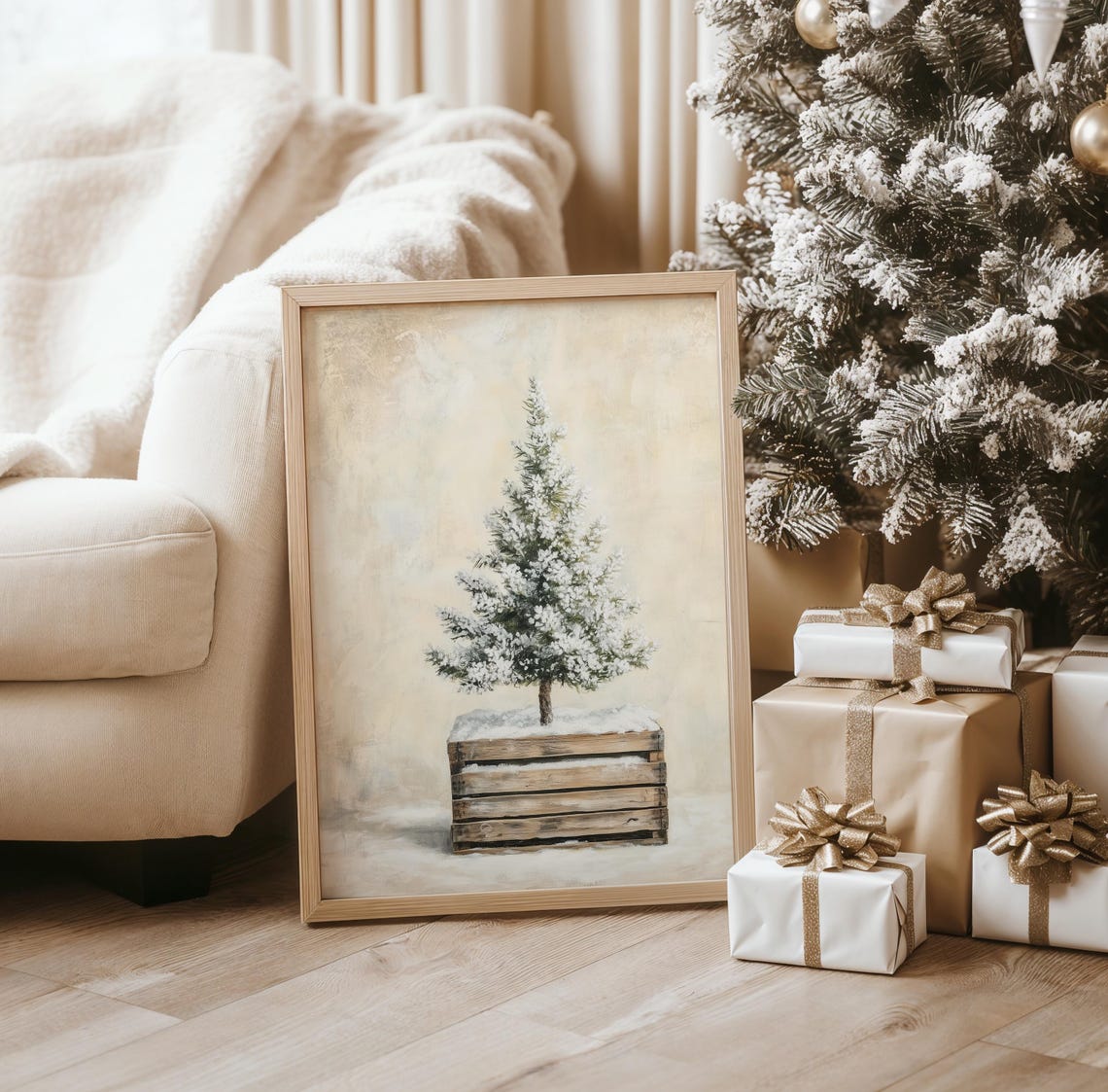 Snow Dusted Mini Christmas Tree In A Rustic Wooden Crate Poster - Image 2