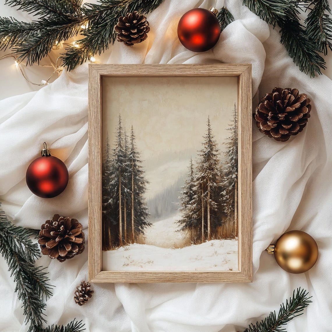 Snowy Path Through Tall Pines in Warm Golden Sunset Light Poster - Image 4