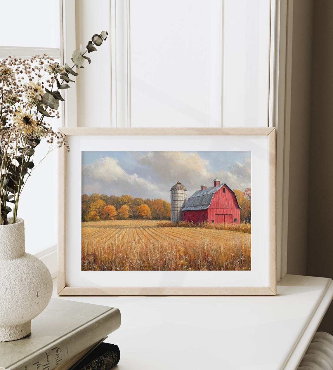 Classic Red Barn Silo Golden Wheat Field Autumn Fall Trees Print - Image 6