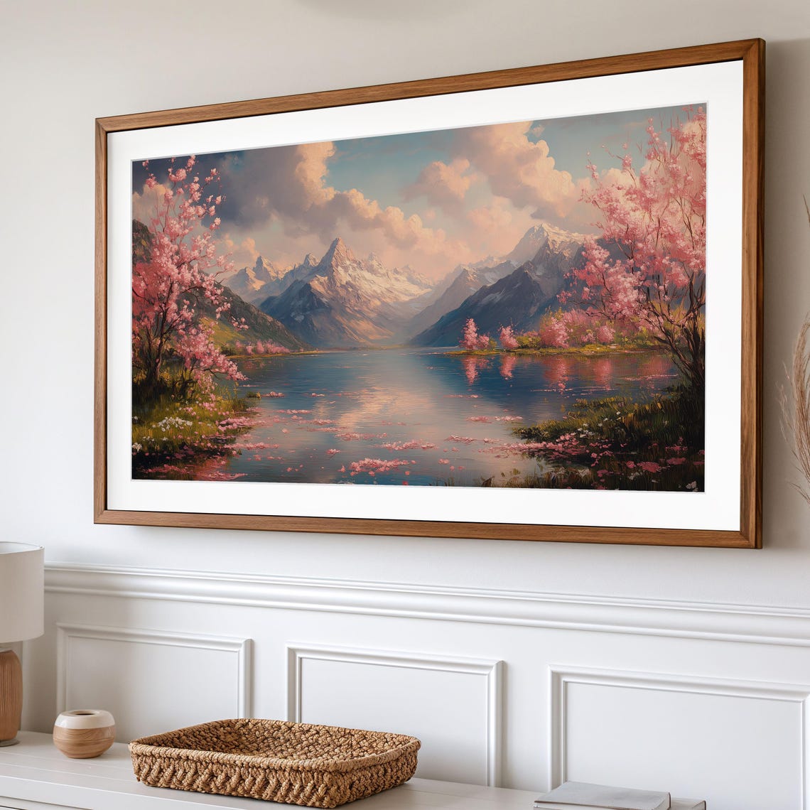 Cherry Blossoms Over Alpine Lake With Snowy Peaks Frame TV Wall Art - Image 2
