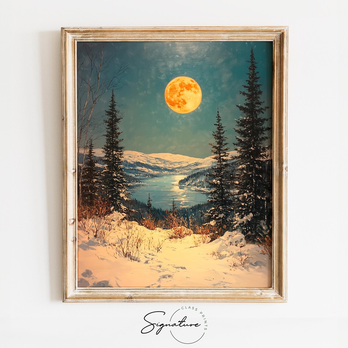 Golden Full Moon over Snowy Lake and Mountains Night Sky Poster