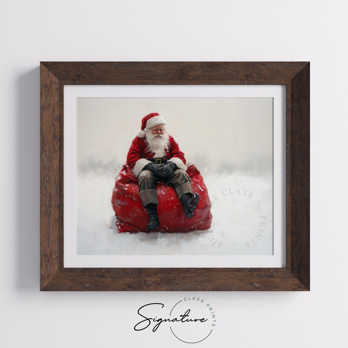 Tired Santa Claus Sitting On A Red Toy Sack In The Snow Art Poster - Image 5