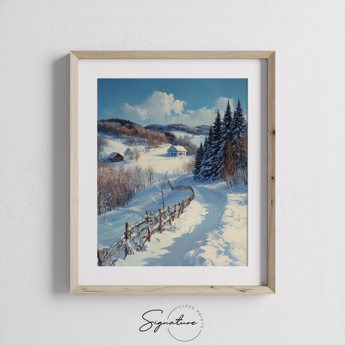 Snowy Hillside Cabin With Rustic Fence Under Winter Blue Sky Poster - Image 2