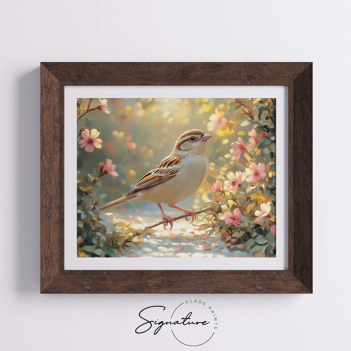 Sparrow On Blossom Twig In Sunlit Spring Garden Morning Poster - Image 3
