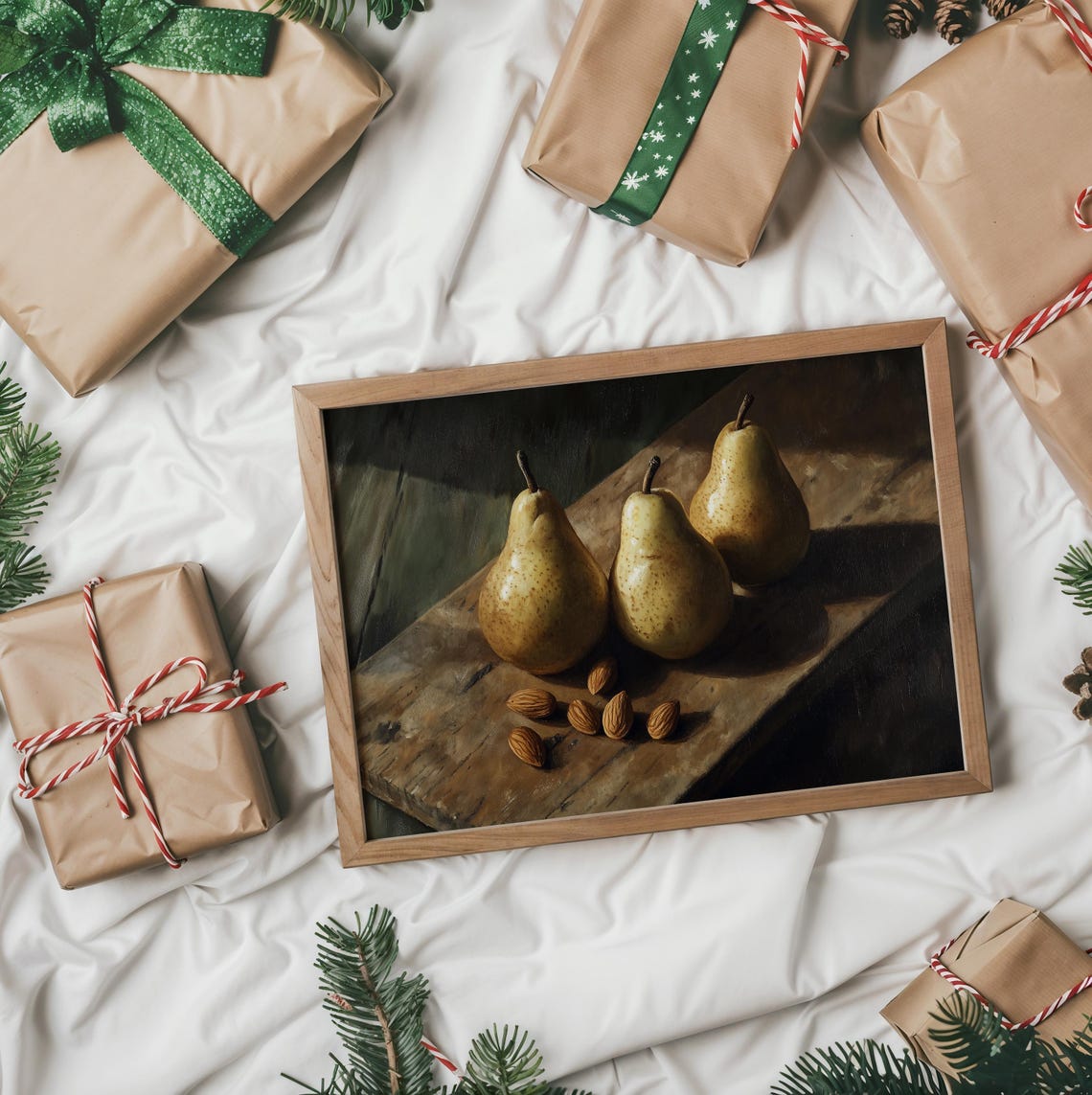 Still Life of Three Golden Pears with Almonds Oil Painting Print - Image 2