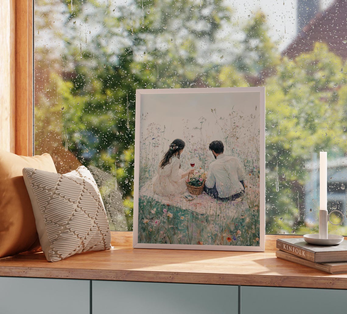 Romantic Picnic In Wildflower Meadow Couple Wine Vintage Wall Art - Image 3