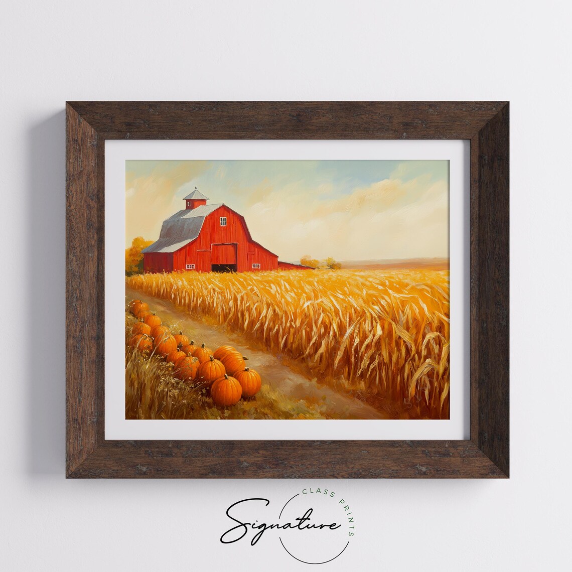 Red Barn Pumpkin Harvest Painting Golden Wheat Field Fall Decor Poster - Image 5