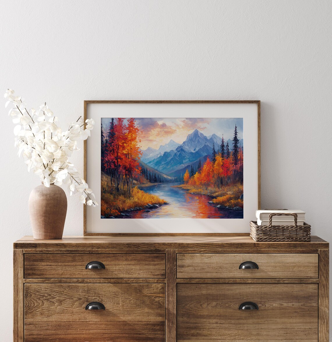 Sunset Mountain Lake Autumn Trees Oil Painting Reflection Poster - Image 3
