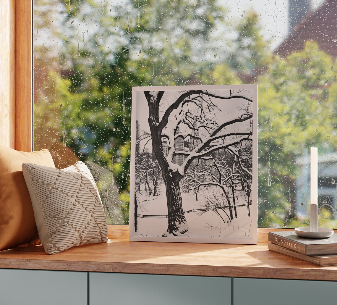 Snow Covered City Park in Black and White Winter Scene Poster - Image 2