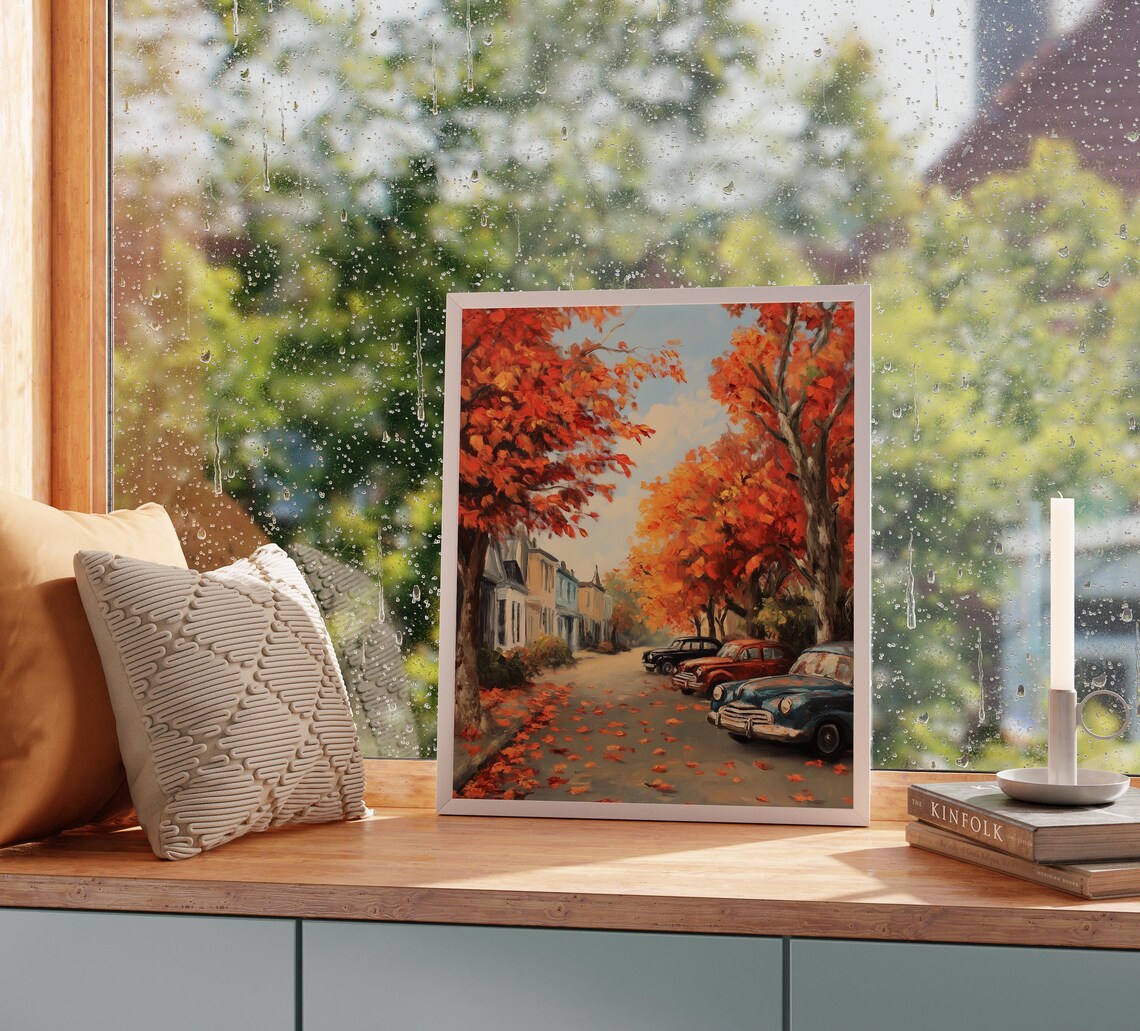 Row of Classic Cars Parked on a Charming Fall Street Painting Poster - Image 2