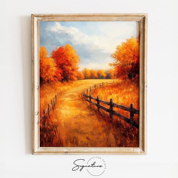 Country Lane Wooden Fence Autumn Trees Golden Grass Field Poster