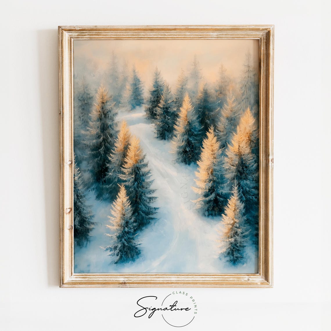 Sunlit Snowy Pine Forest Trail in Blue and Gold Winter Poster