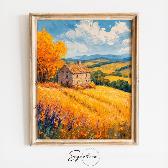 Old Stone Farmhouse In Golden Fields Wildflower Foreground Poster