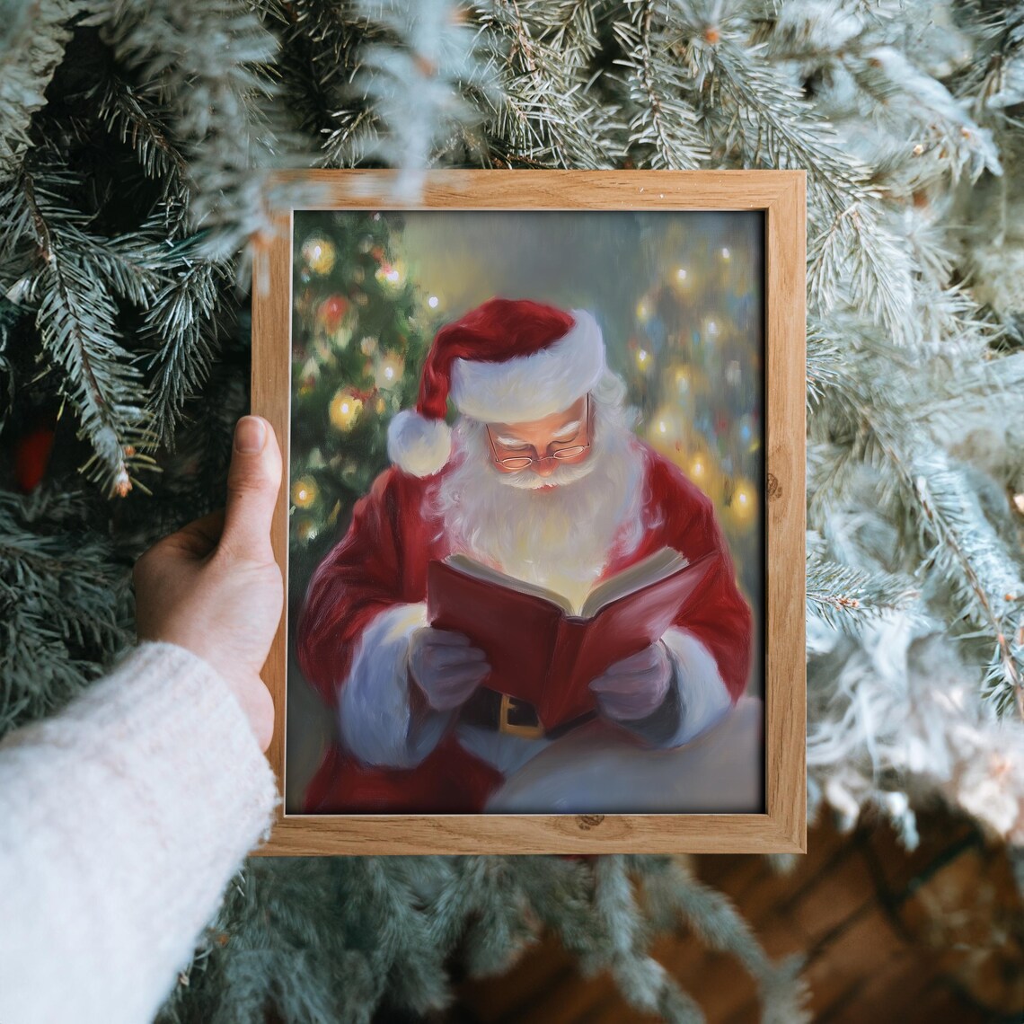 Santa Claus Reading Book Christmas Lights Painting Holiday Poster