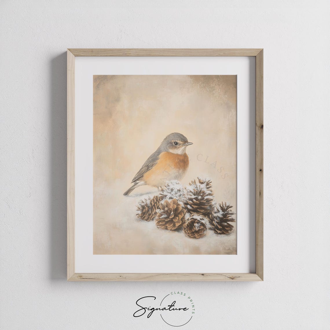 Robin Beside Snow Dust Pinecones Winter Bird Christmas Art Print - Image 3
