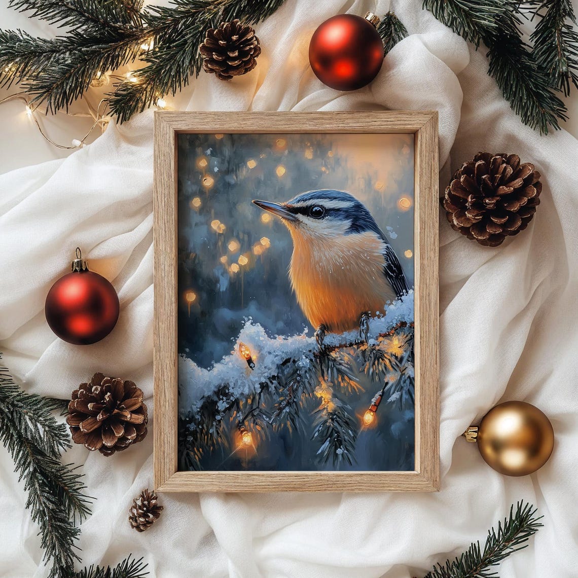 Nuthatch On Snowy Branch With Christmas Lights Festive Bird Poster - Image 4