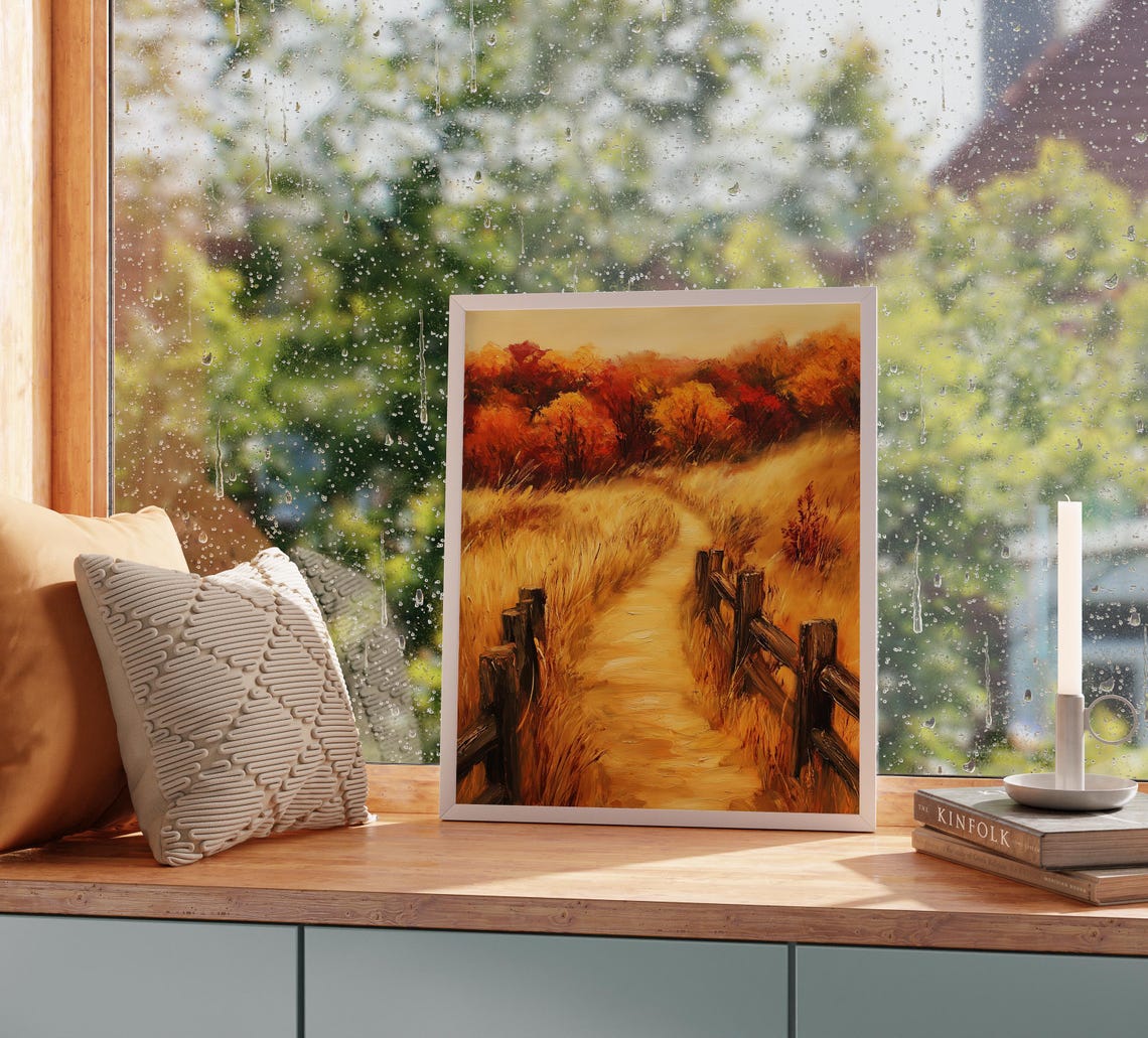 Golden Country Path with Split Rail Fences and Crimson Trees Poster - Image 2