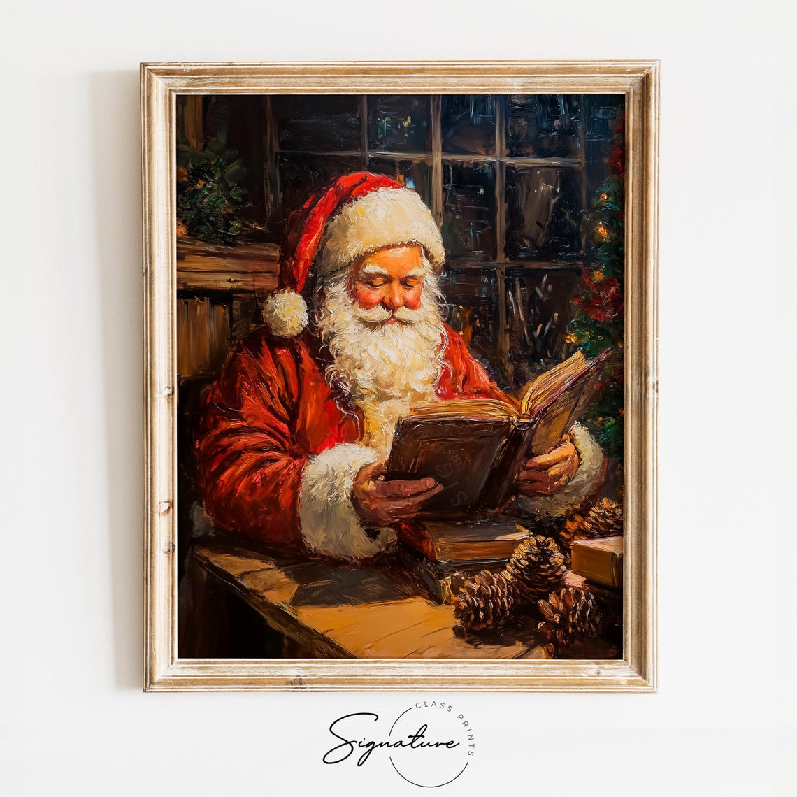 Santa Claus Reading a Book by Lamplight in a Cozy Cabin Poster