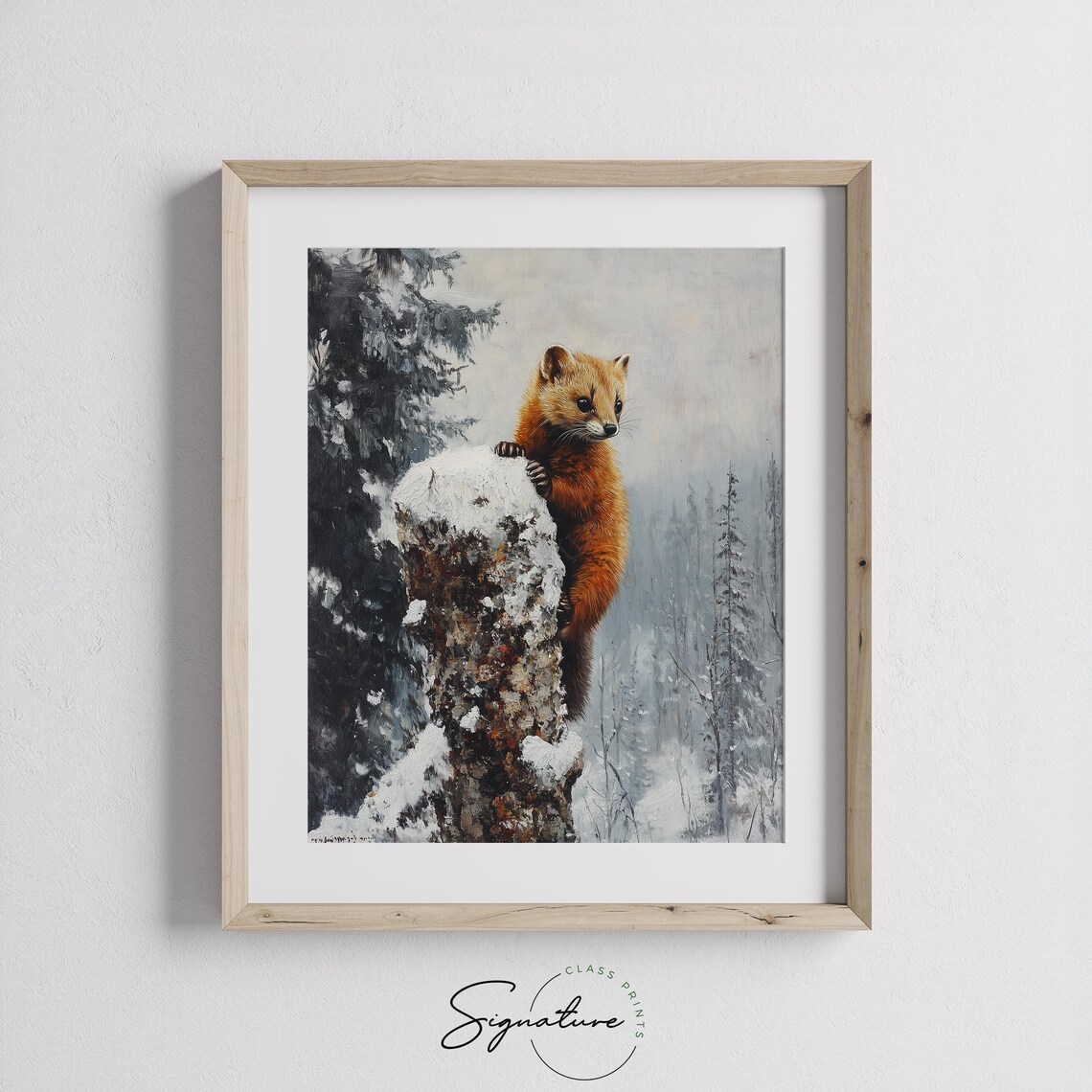 Red Woodland Mammal Climbing Snowy Tree Stump Winter Forest Art Poster - Image 3
