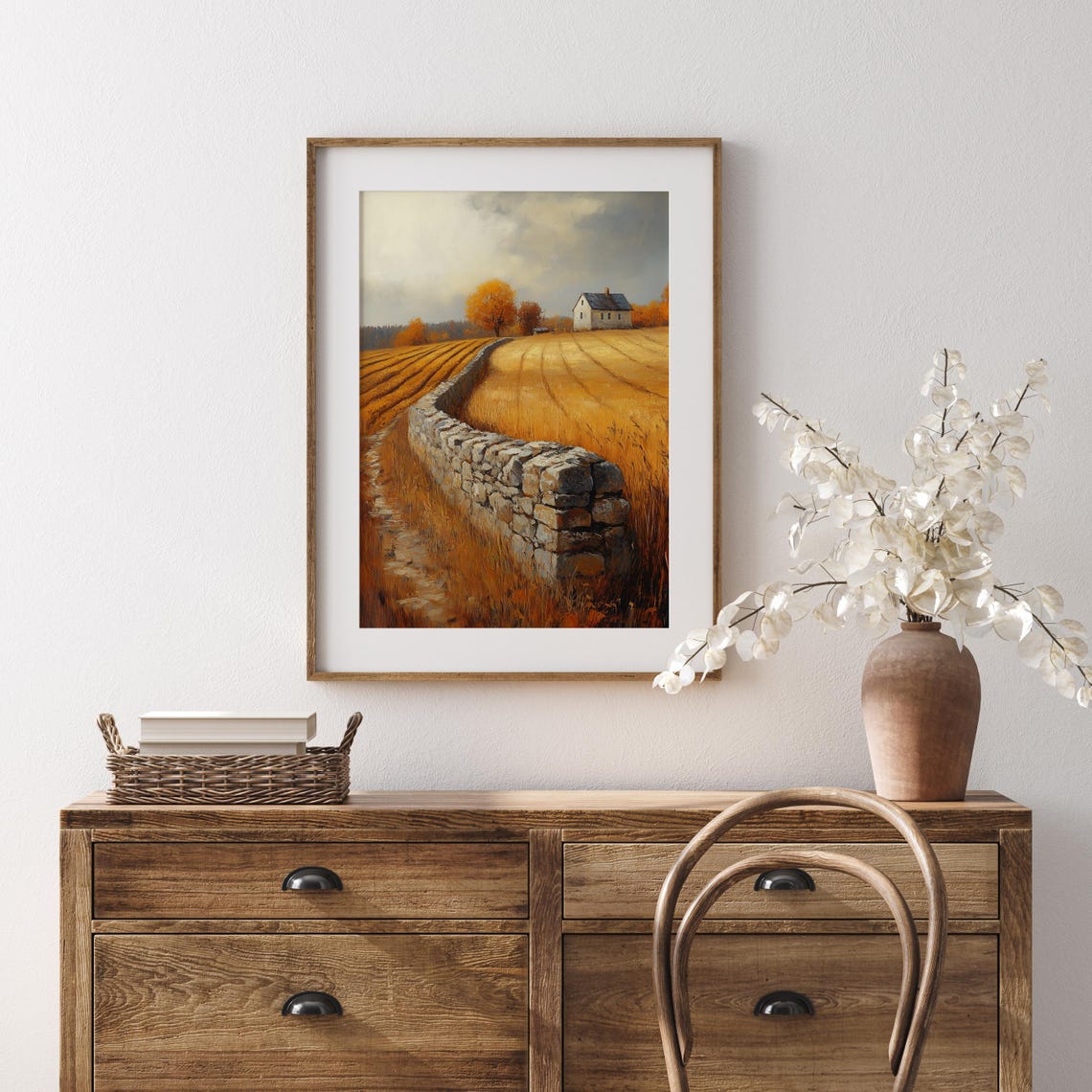 Autumn Farmhouse Stone Wall Golden Field Orange Trees Poster - Image 5