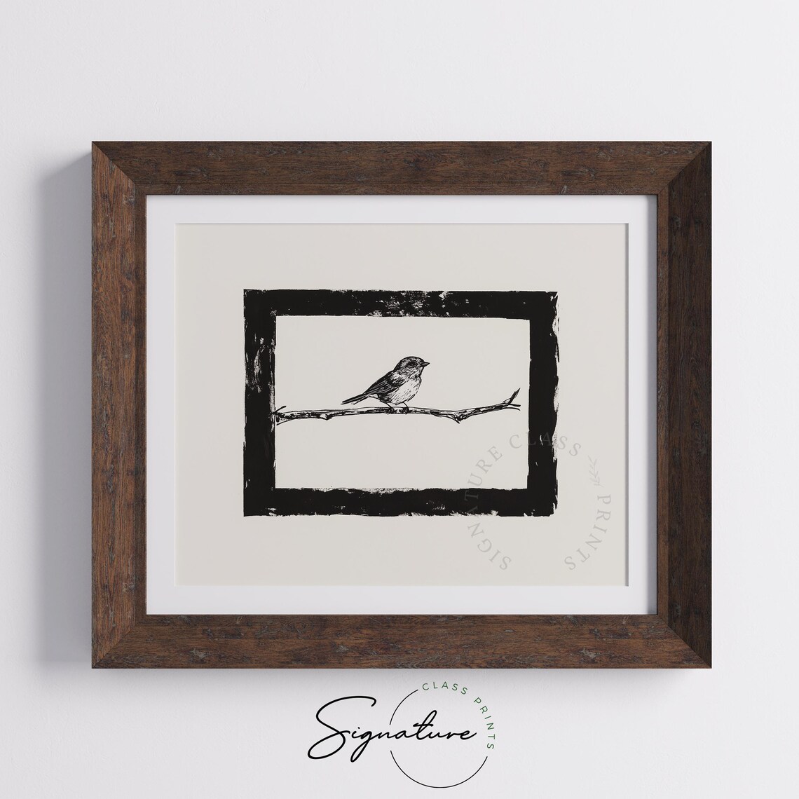 Black And White Songbird Sketch On Branch Rustic Nature Art Poster - Image 5
