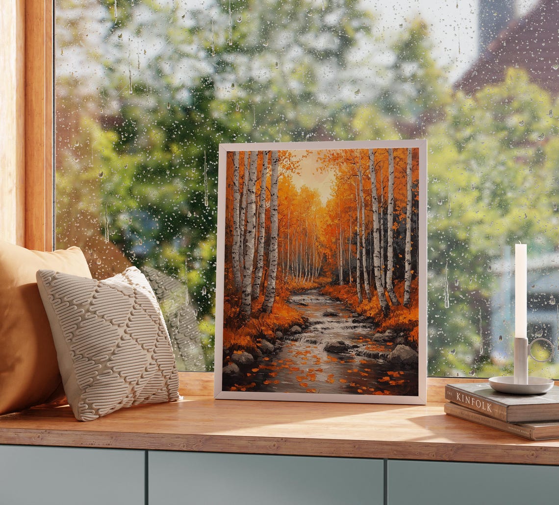 Autumn Birch Grove Mountain Stream White Trunks Orange Leaves Poster - Image 2