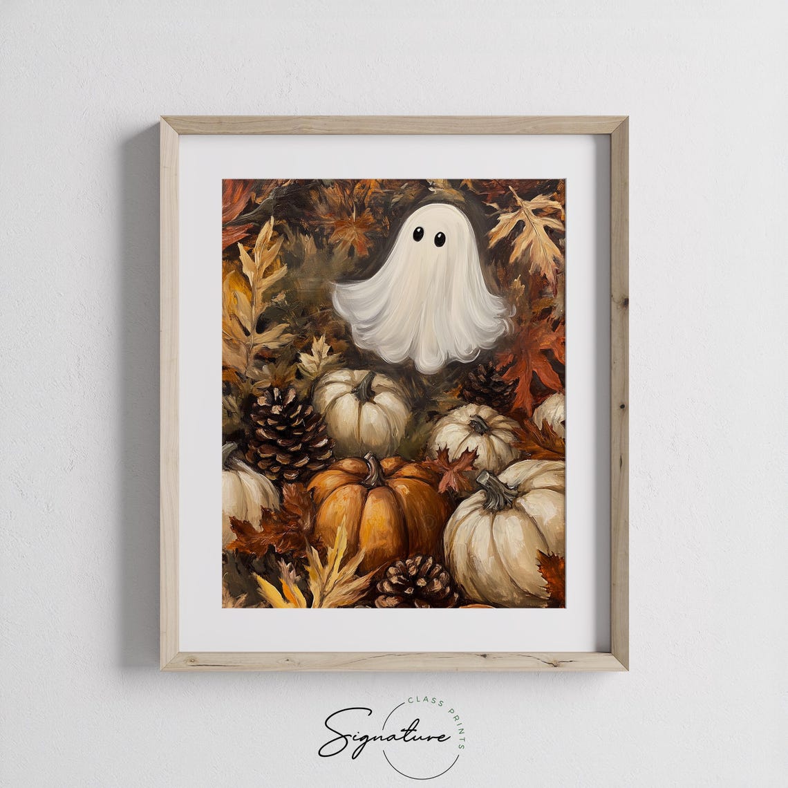 Happy Ghost Surrounded by Pumpkins Pinecones and Fall Leaves Poster - Image 3