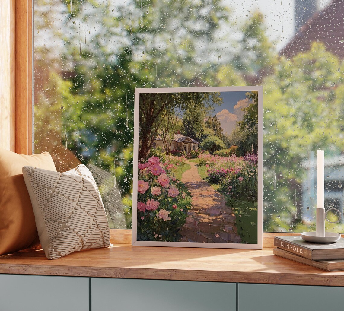 Pink Peony Lined Shady Stone Path to Cottage Summer Garden Poster - Image 2