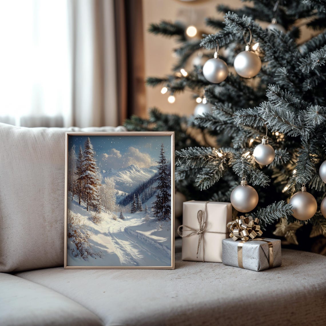 Sunlit Mountain Pass with Snow Laden Pines Winter Trail Poster - Image 5