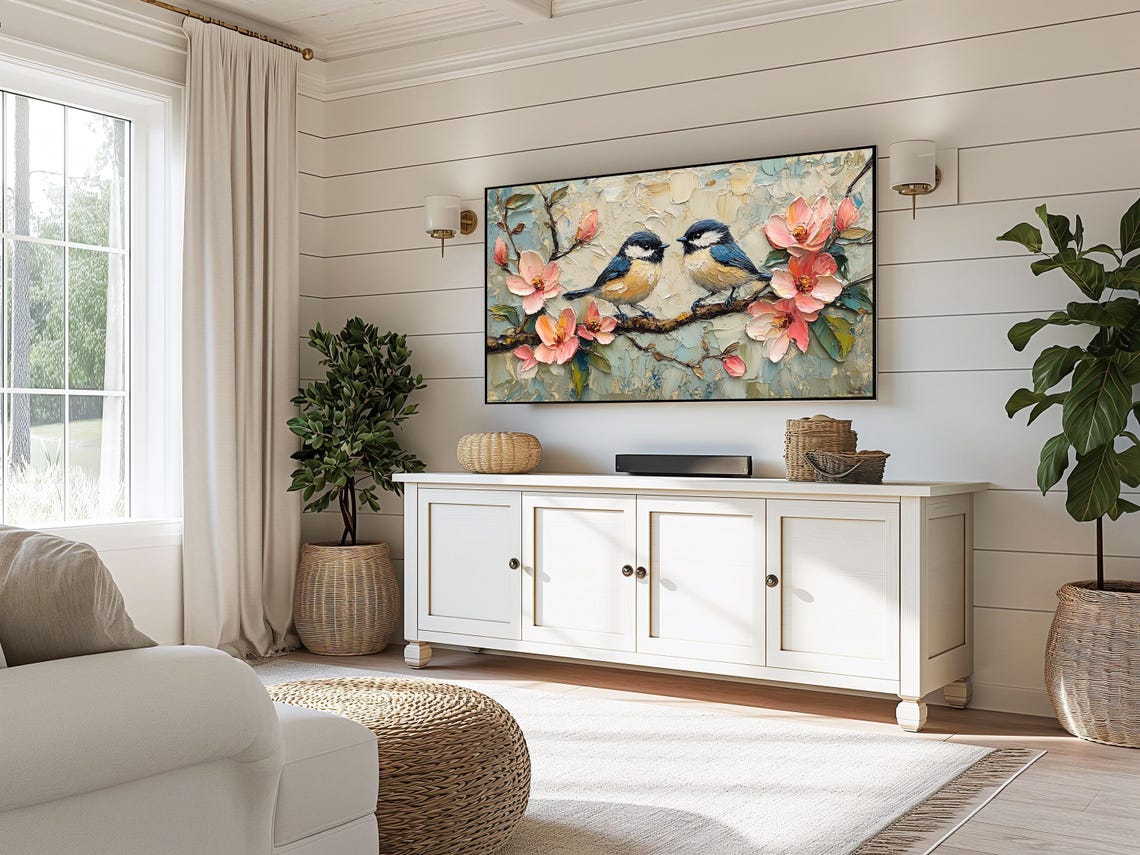 Two Chickadee Birds On Cherry Blossom Branch Impasto Art Poster - Image 3