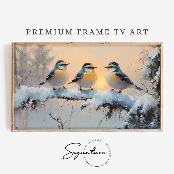 Goldcrest Trio Snowy Branch Winter Sunrise Golden Birds Soft Glow Poster