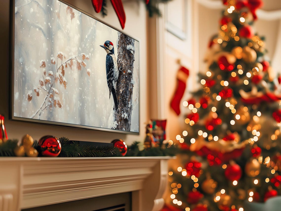 Woodpecker Clinging to Snowy Tree Trunk Winter Forest Poster - Image 5