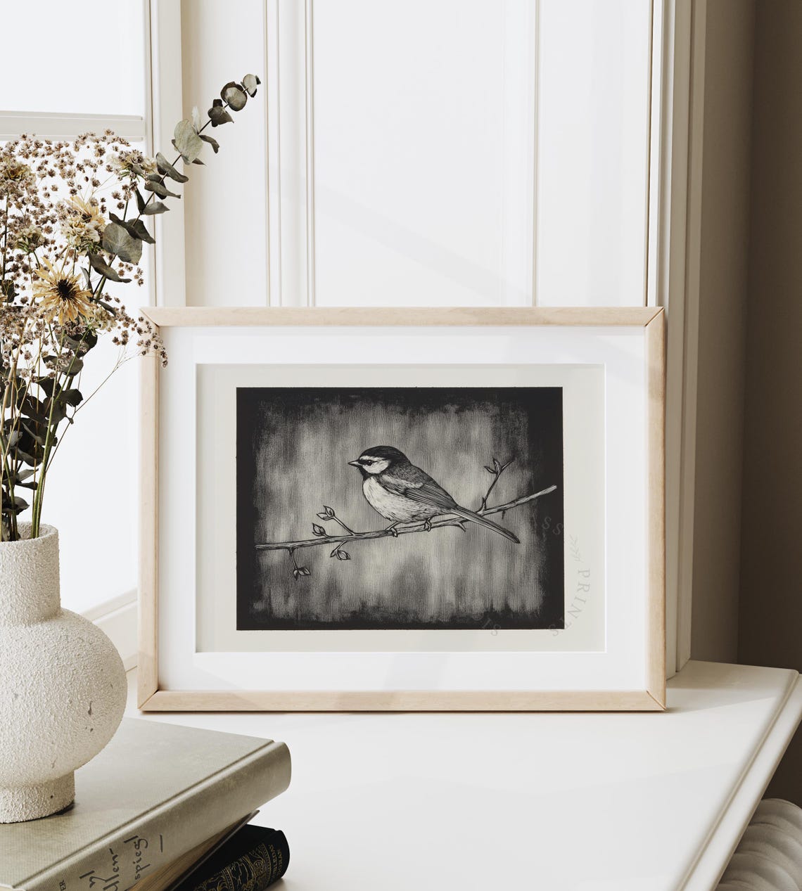Chickadee On Winter Branch Black And White Sketch Art Poster - Image 6